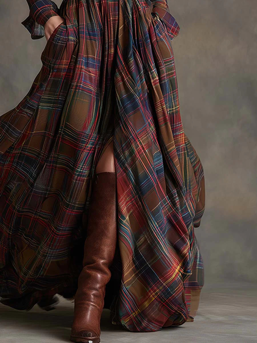 Bella - Vestido Maxi de Cuadros con Cinturón