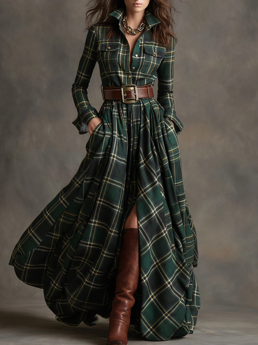Bella - Vestido Maxi de Cuadros con Cinturón