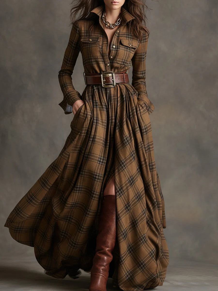 Bella - Vestido Maxi de Cuadros con Cinturón